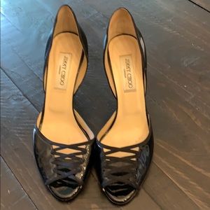 Jimmy Choo Black Patent Peep Toe Heels